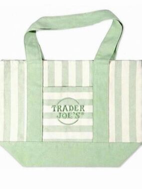 Green and white striped Trader Joe's tote bag